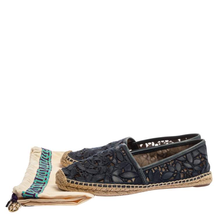 Pre Owned Tory Burch Navy Blue Navy Blue and Mesh Jacki Espadrille Flats Size 41