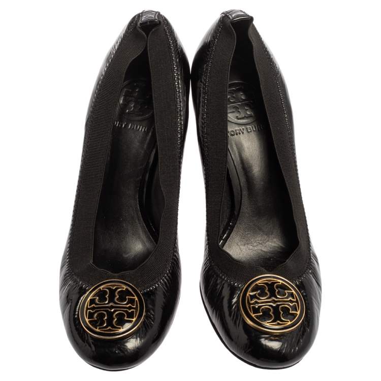 Pre Owned Tory Burch Black Patent Leather Caroline Reva Scrunch Pumps Size 35.5