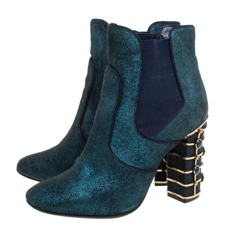 Pre Owned Tory Burch Blue Glitter Suede Embellished Heels Ankle Boots Size 38