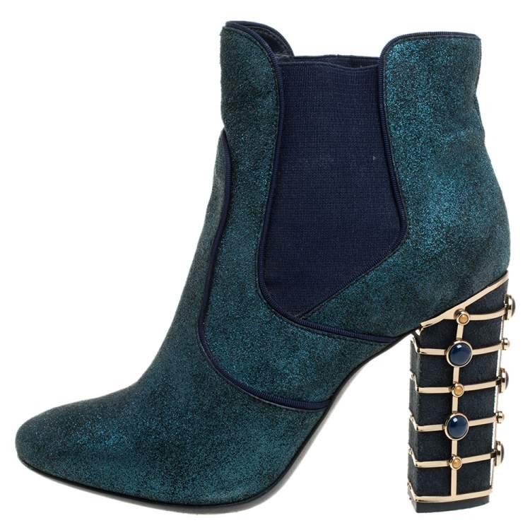 Pre Owned Tory Burch Blue Glitter Suede Embellished Heels Ankle Boots Size 38