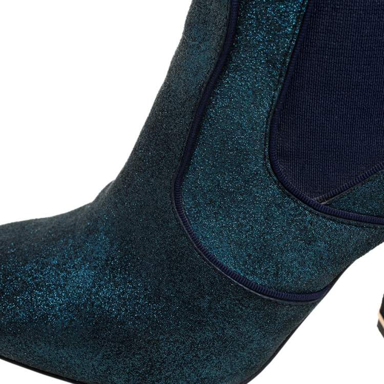 Pre Owned Tory Burch Blue Glitter Suede Embellished Heels Ankle Boots Size 38