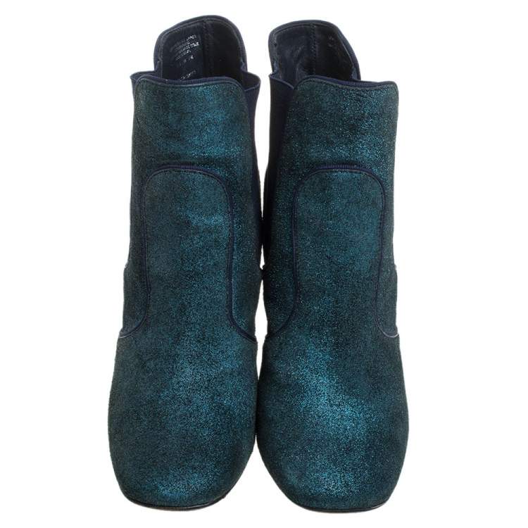 Pre Owned Tory Burch Blue Glitter Suede Embellished Heels Ankle Boots Size 38