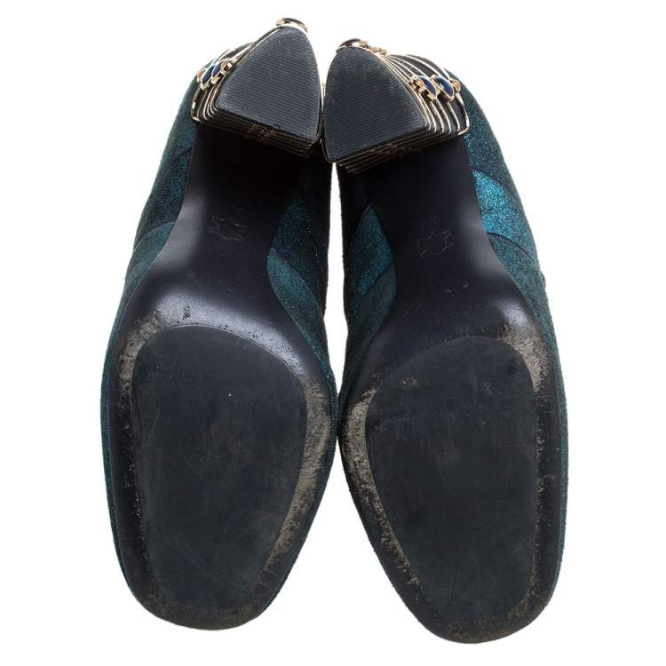 Pre Owned Tory Burch Blue Glitter Suede Embellished Heels Ankle Boots Size 38