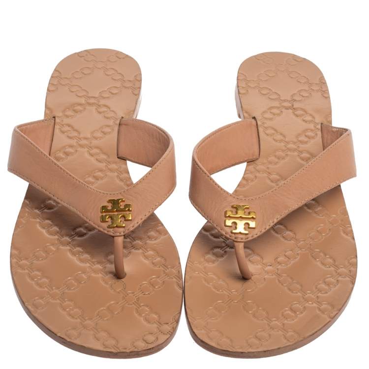 Pre Owned Tory Burch Beige Leather Monroe Thong Sandals Size 39