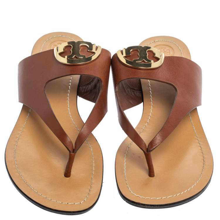 Pre Owned Tory Burch Brown Leather Sidney Logo Thong Flats Size 39