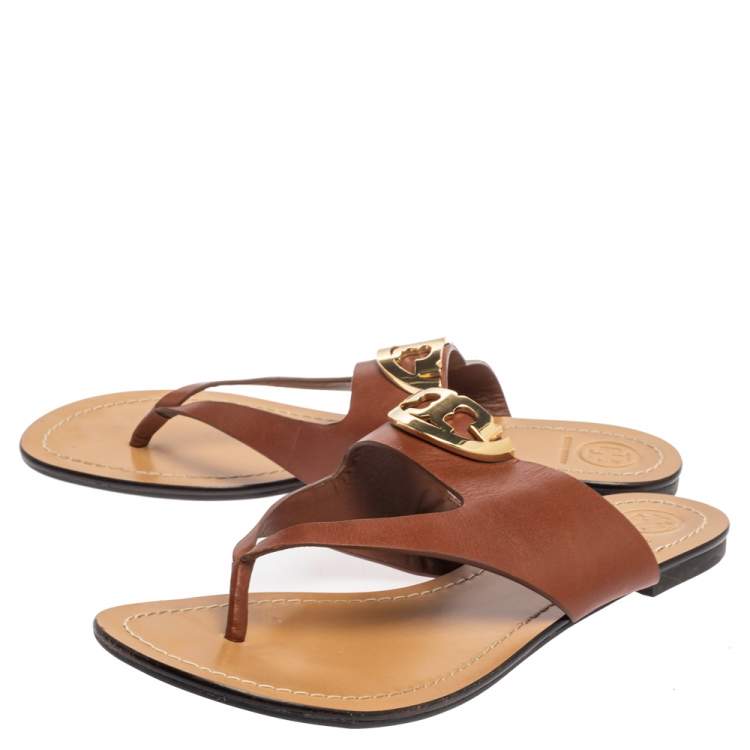 Pre Owned Tory Burch Brown Leather Sidney Logo Thong Flats Size 39