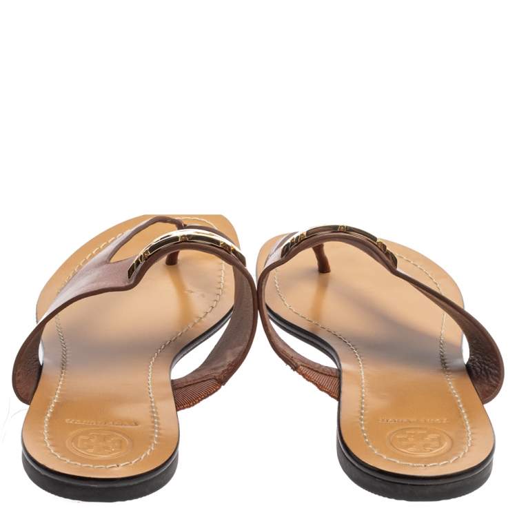 Pre Owned Tory Burch Brown Leather Sidney Logo Thong Flats Size 39