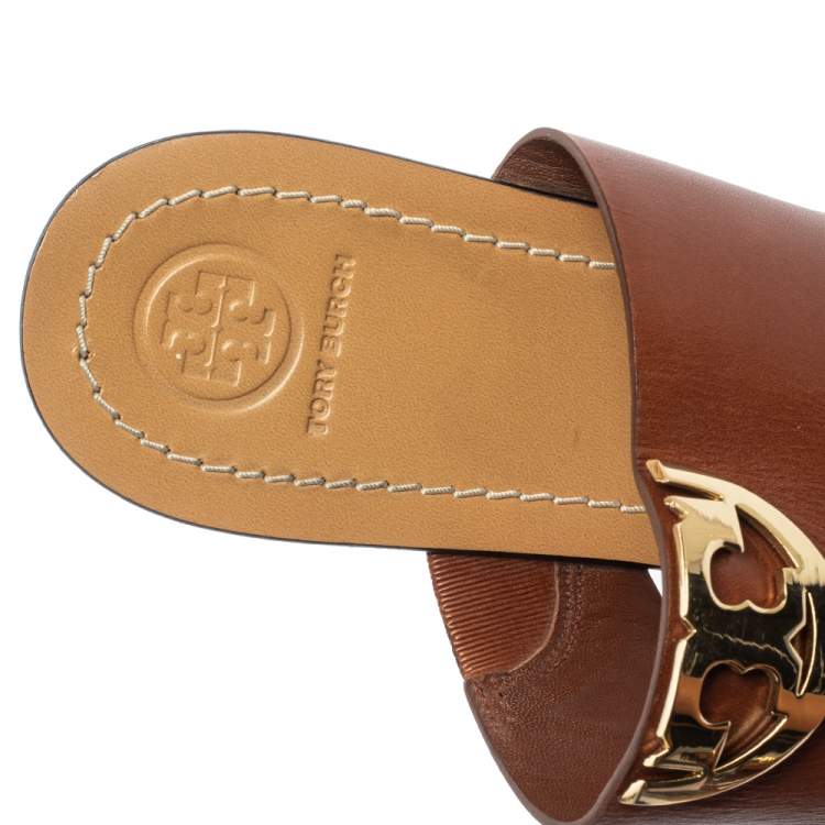Pre Owned Tory Burch Brown Leather Sidney Logo Thong Flats Size 39