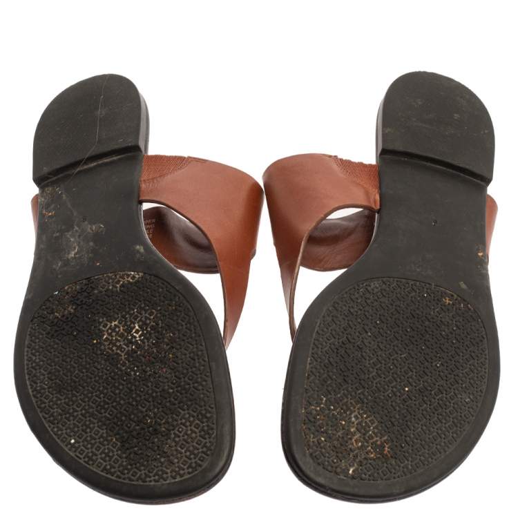Pre Owned Tory Burch Brown Leather Sidney Logo Thong Flats Size 39