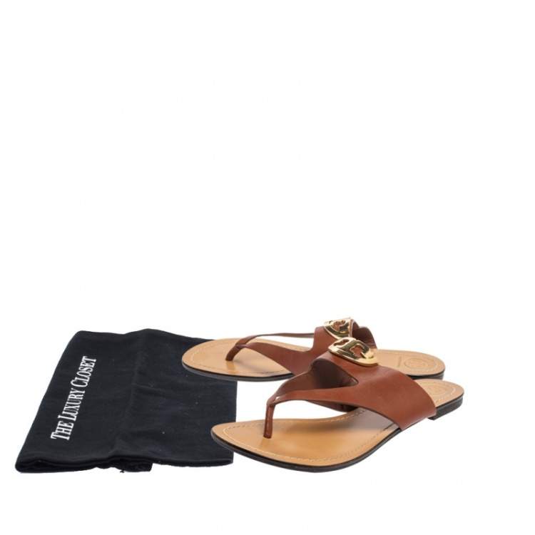 Pre Owned Tory Burch Brown Leather Sidney Logo Thong Flats Size 39