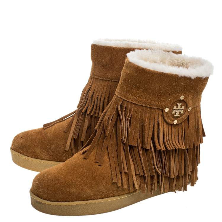 Pre Owned Tory Burch Brown Suede Collins Fringe Detail Boots Size 37