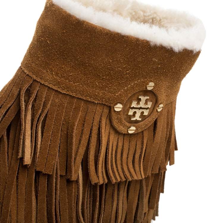 Pre Owned Tory Burch Brown Suede Collins Fringe Detail Boots Size 37