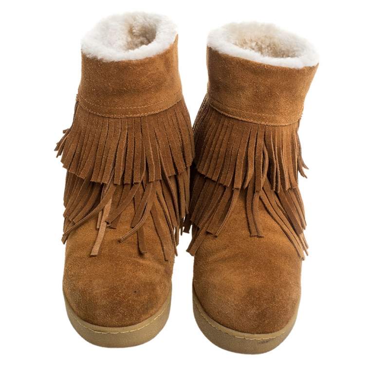 Pre Owned Tory Burch Brown Suede Collins Fringe Detail Boots Size 37