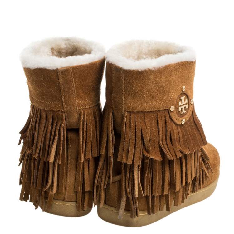 Pre Owned Tory Burch Brown Suede Collins Fringe Detail Boots Size 37