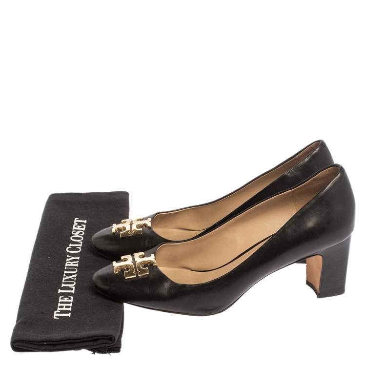 Pre Owned Tory Burch Black Leather T Logo Block Heel Slip On Pumps Size 39