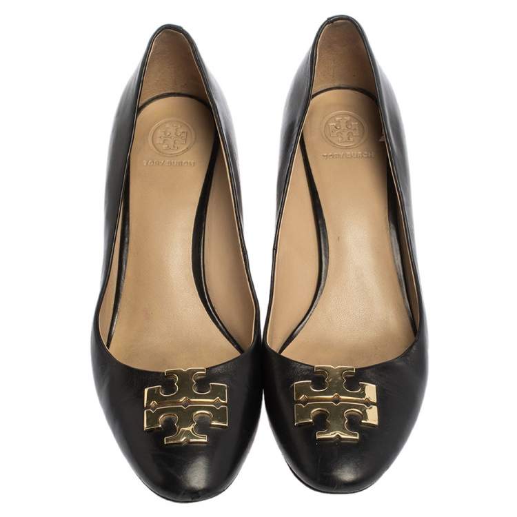 Pre Owned Tory Burch Black Leather T Logo Block Heel Slip On Pumps Size 39