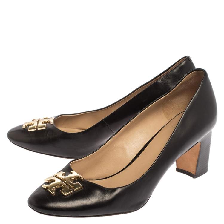 Pre Owned Tory Burch Black Leather T Logo Block Heel Slip On Pumps Size 39