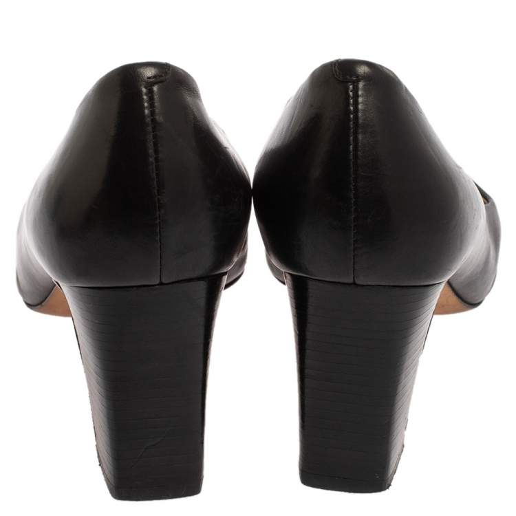 Pre Owned Tory Burch Black Leather T Logo Block Heel Slip On Pumps Size 39