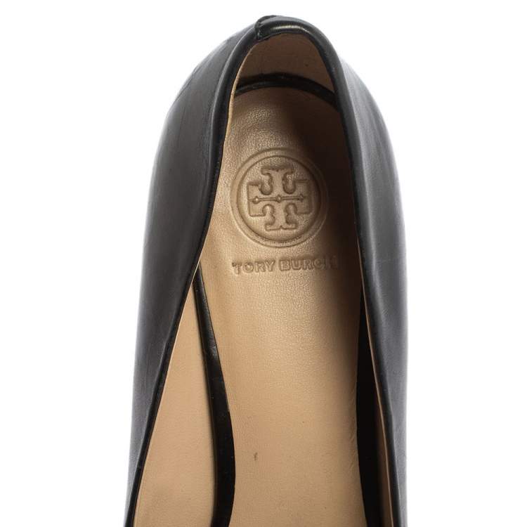 Pre Owned Tory Burch Black Leather T Logo Block Heel Slip On Pumps Size 39