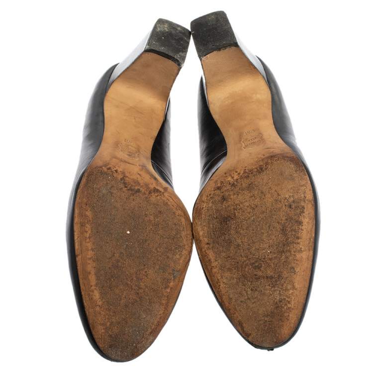Pre Owned Tory Burch Black Leather T Logo Block Heel Slip On Pumps Size 39