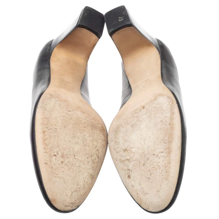 Pre Owned Tory Burch Black Leather Logo Block Heel Pumps Size 35.5