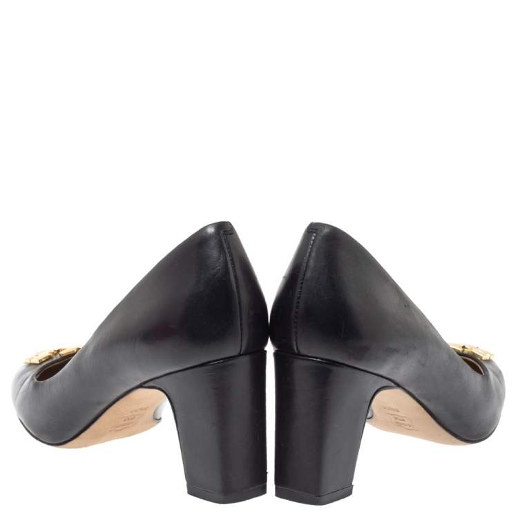 Pre Owned Tory Burch Black Leather Logo Block Heel Pumps Size 35.5