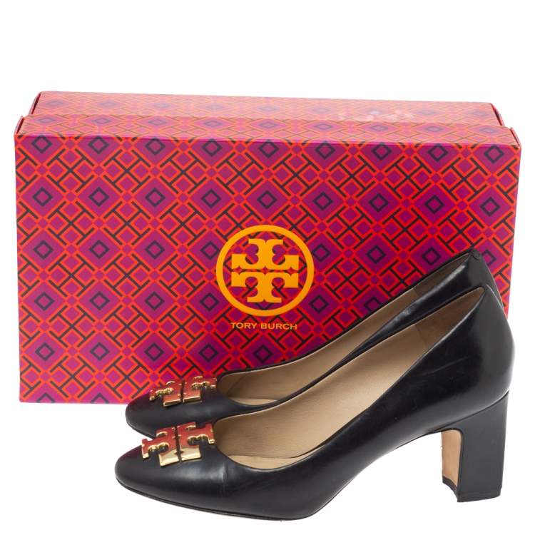 Pre Owned Tory Burch Black Leather Logo Block Heel Pumps Size 35.5