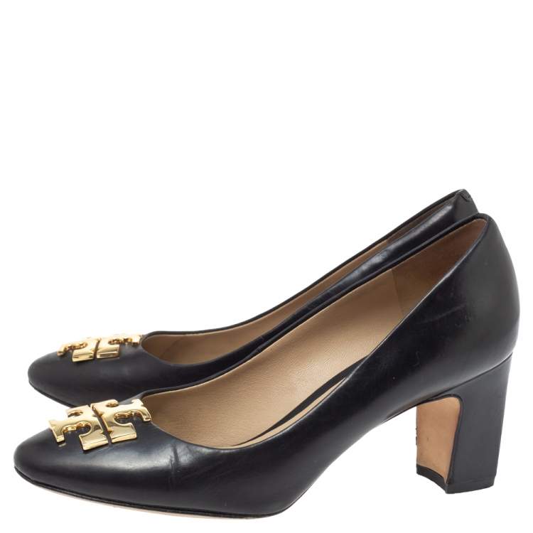 Pre Owned Tory Burch Black Leather Logo Block Heel Pumps Size 35.5