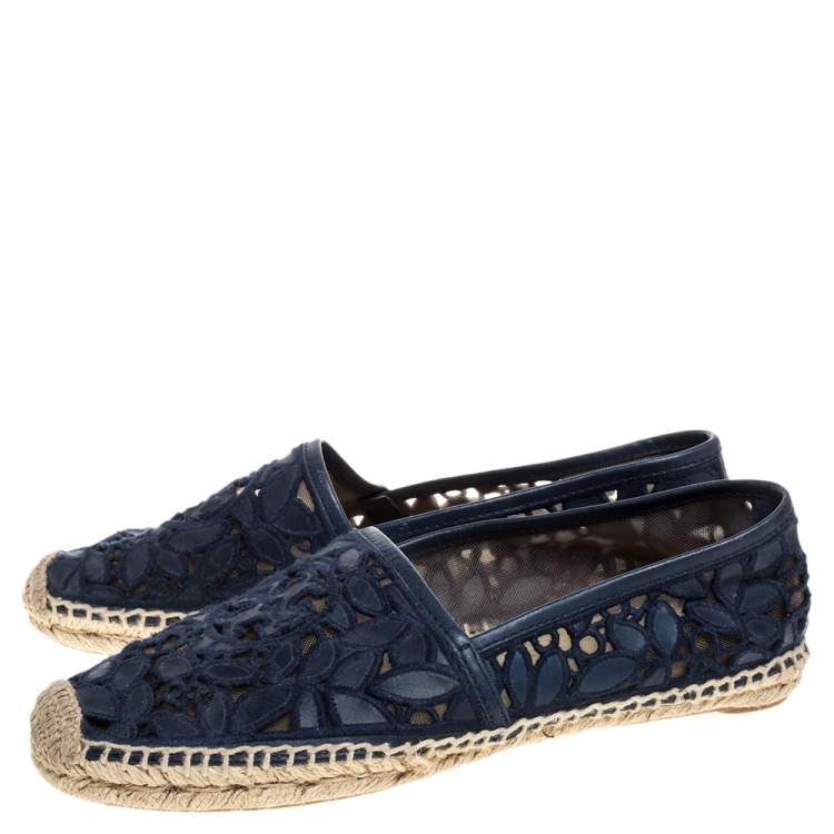 Pre Owned Tory Burch Blue Leather And Mesh Espadrille Flats Size 39