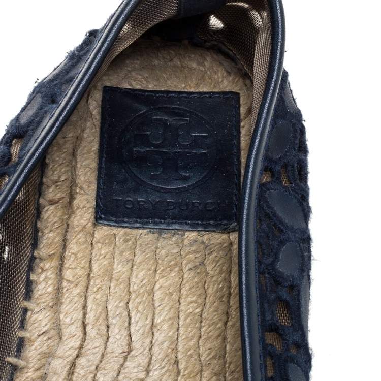 Pre Owned Tory Burch Blue Leather And Mesh Espadrille Flats Size 39