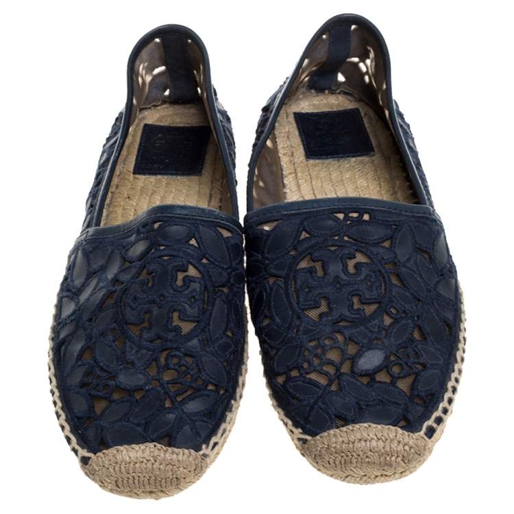 Pre Owned Tory Burch Blue Leather And Mesh Espadrille Flats Size 39