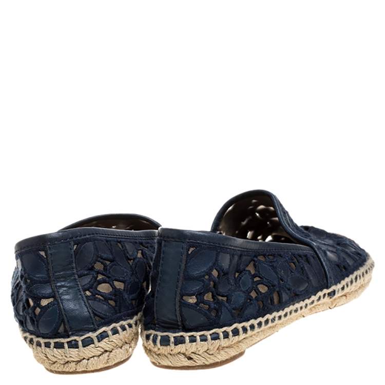 Pre Owned Tory Burch Blue Leather And Mesh Espadrille Flats Size 39