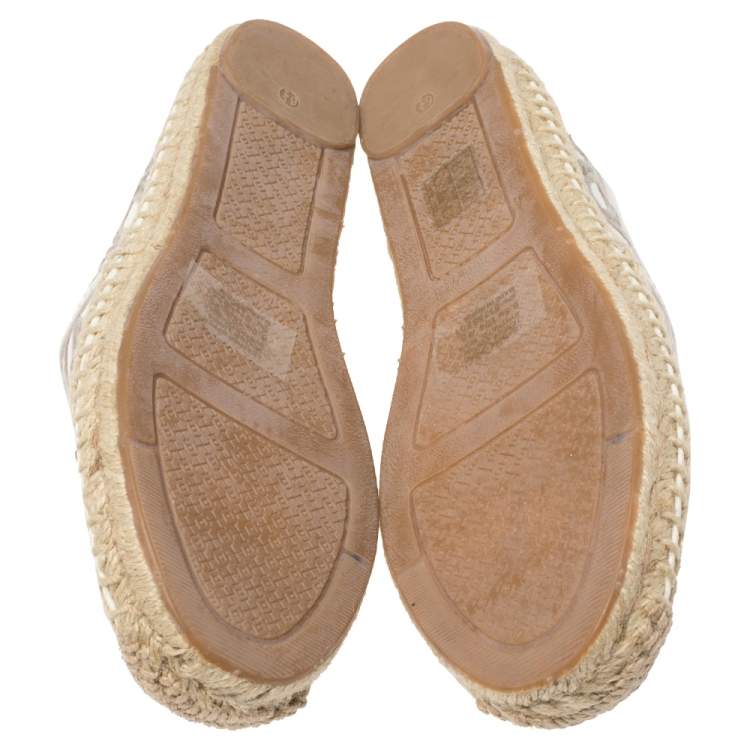 Pre Owned Tory Burch White/Grey Embroidered Leather Cutout Espadrille Flats Size 36.5