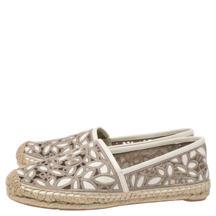 Pre Owned Tory Burch White/Grey Embroidered Leather Cutout Espadrille Flats Size 36.5