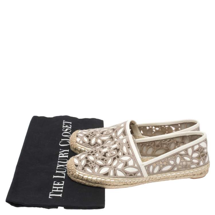 Pre Owned Tory Burch White/Grey Embroidered Leather Cutout Espadrille Flats Size 36.5