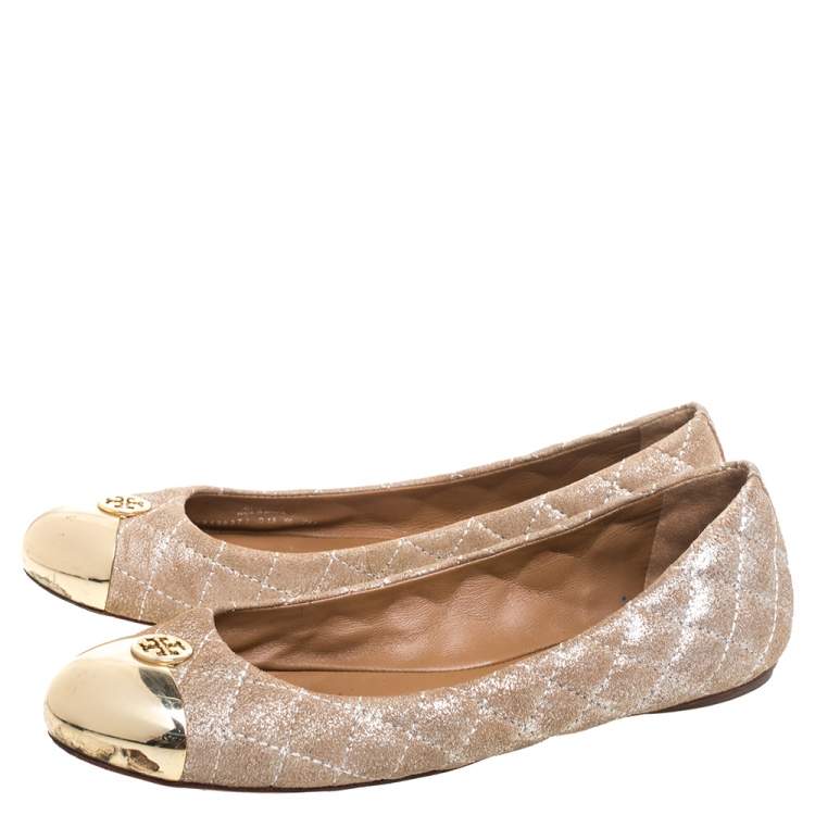 Pre Owned Tory Burch Beige Quilted Nubuck Leather Kaitlin Metal Cap Toe Ballet Flats Size 37