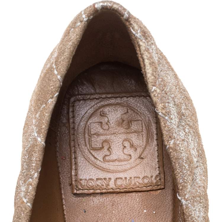 Pre Owned Tory Burch Beige Quilted Nubuck Leather Kaitlin Metal Cap Toe Ballet Flats Size 37