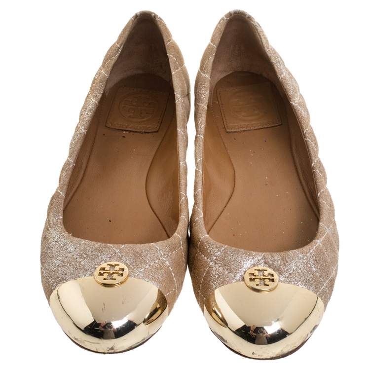 Pre Owned Tory Burch Beige Quilted Nubuck Leather Kaitlin Metal Cap Toe Ballet Flats Size 37