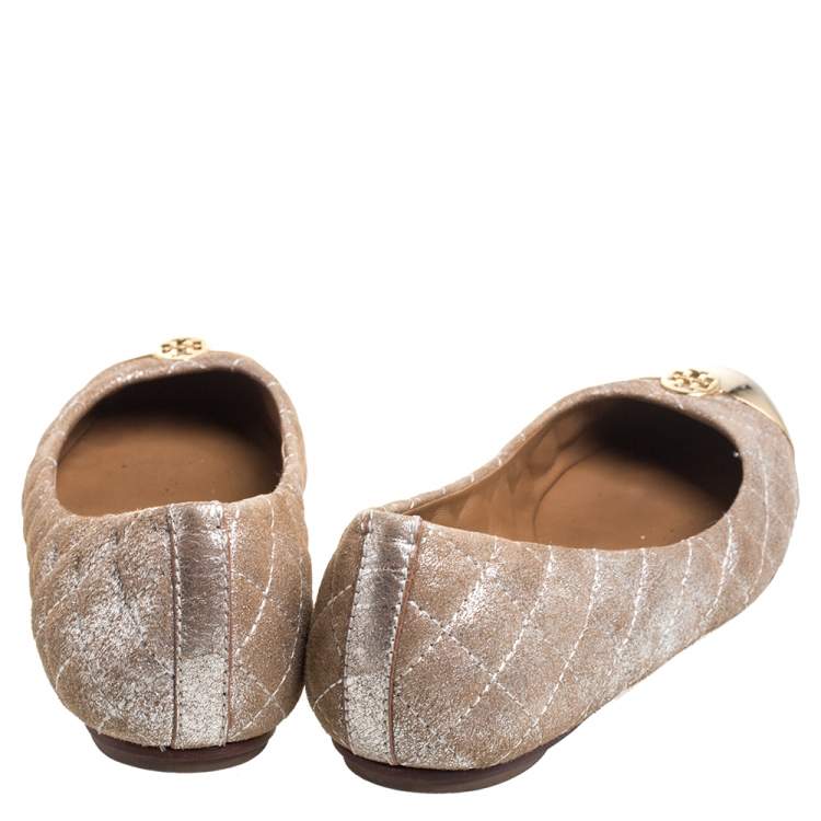 Pre Owned Tory Burch Beige Quilted Nubuck Leather Kaitlin Metal Cap Toe Ballet Flats Size 37