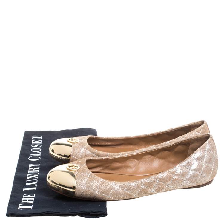 Pre Owned Tory Burch Beige Quilted Nubuck Leather Kaitlin Metal Cap Toe Ballet Flats Size 37