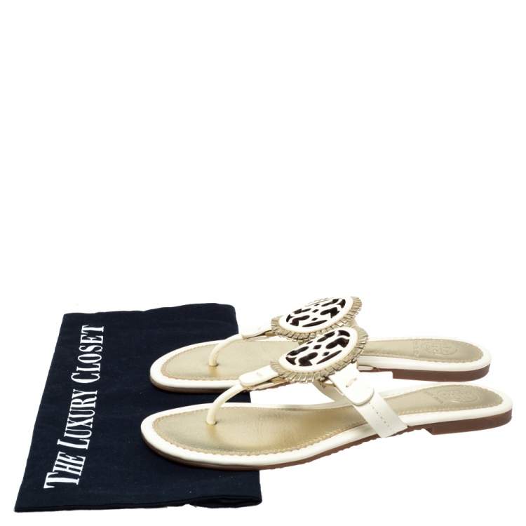 Pre Owned Tory Burch White/Gold Leather Flat Thong Sandals Size 35.5