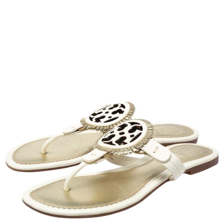 Pre Owned Tory Burch White/Gold Leather Flat Thong Sandals Size 35.5