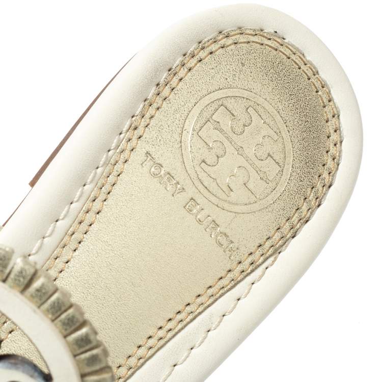 Pre Owned Tory Burch White/Gold Leather Flat Thong Sandals Size 35.5
