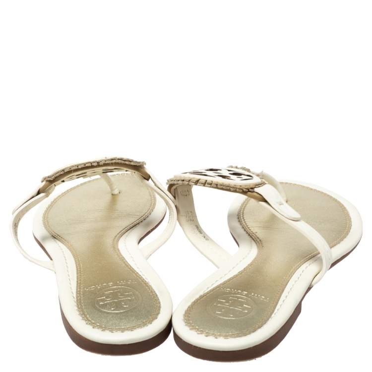 Pre Owned Tory Burch White/Gold Leather Flat Thong Sandals Size 35.5