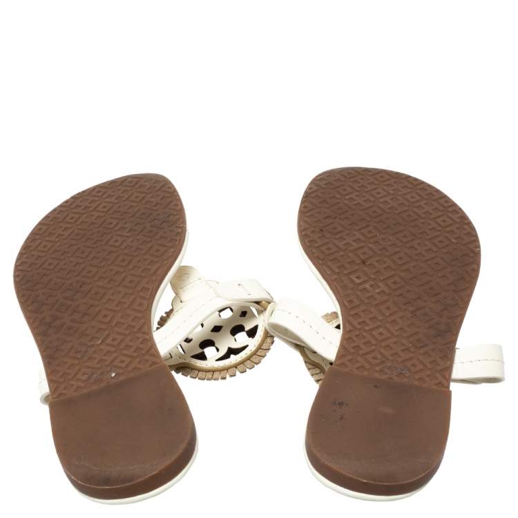 Pre Owned Tory Burch White/Gold Leather Flat Thong Sandals Size 35.5