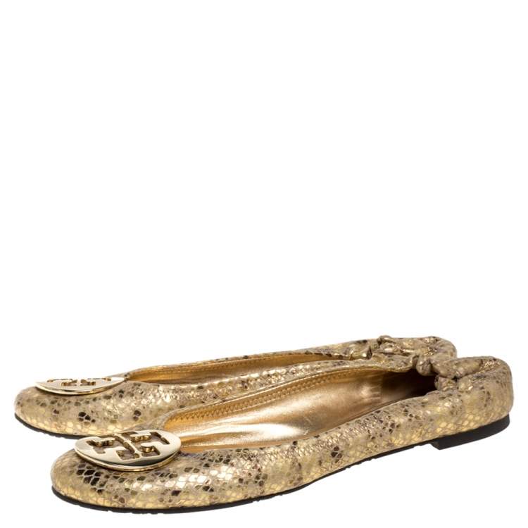 Pre Owned Tory Burch Metallic Gold Snakeskin Effect Leather Minnie Scrunch Ballet Flats Size 41