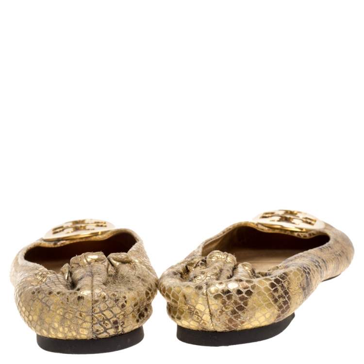 Pre Owned Tory Burch Metallic Gold Snakeskin Effect Leather Minnie Scrunch Ballet Flats Size 41