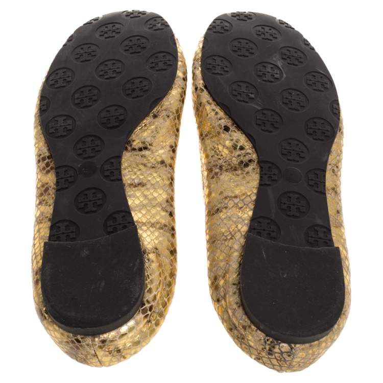 Pre Owned Tory Burch Metallic Gold Snakeskin Effect Leather Minnie Scrunch Ballet Flats Size 41