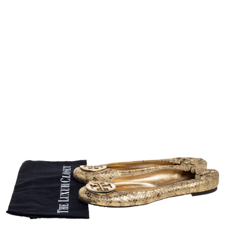 Pre Owned Tory Burch Metallic Gold Snakeskin Effect Leather Minnie Scrunch Ballet Flats Size 41