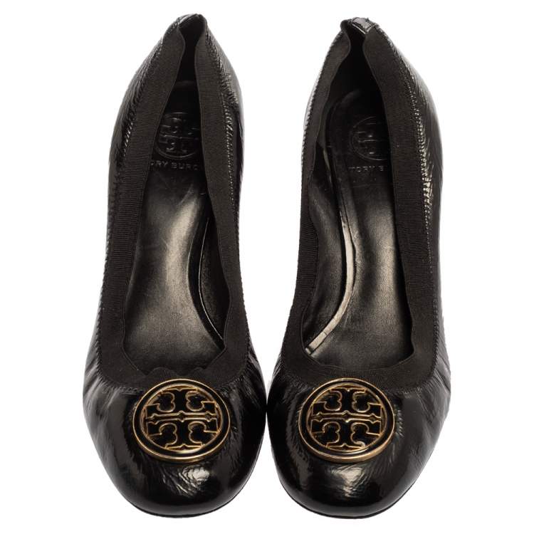 Pre Owned Tory Burch Black Leather Round Toe Pumps Size 40